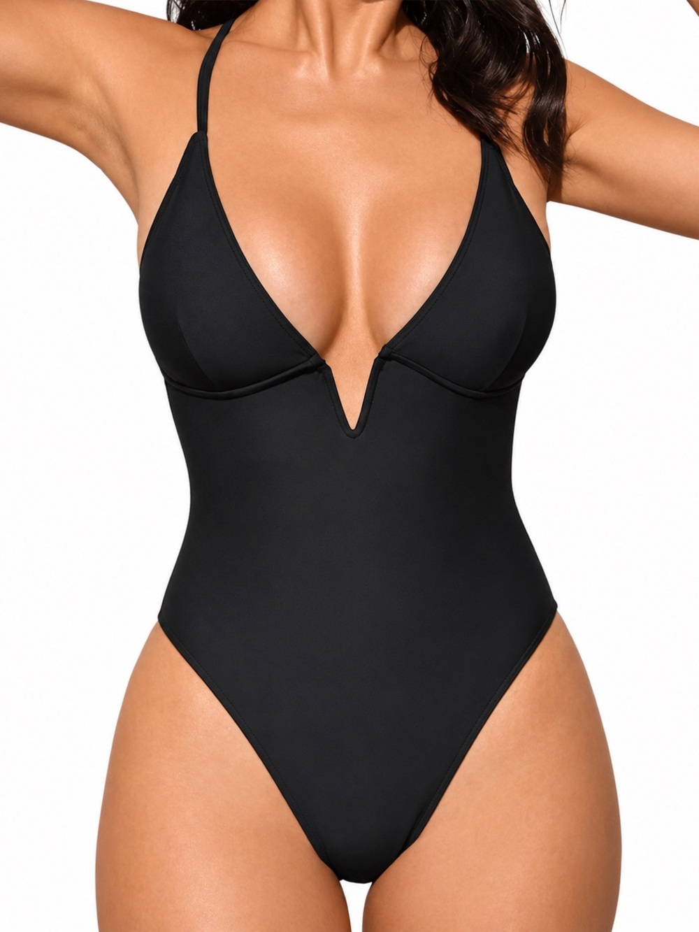 Women Black One Piece Swimsuit M Black Yummy Control Deep V Neck Cross Back NWT